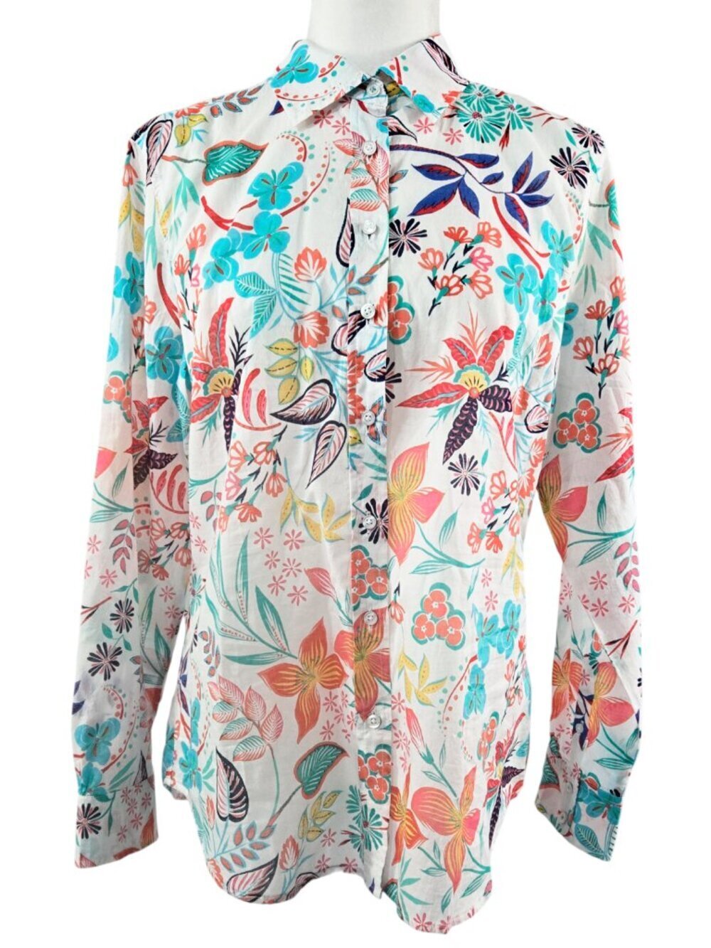 Talbots 100% Cotton White Floral Button-Up Shirt Beachy Vibrant